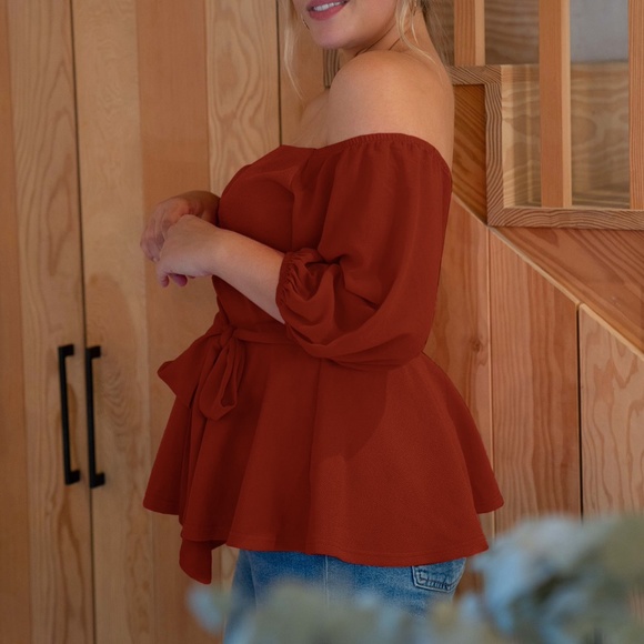 PLUS SIZE black off shoulder peplum blouse Rust - Picture 11 of 12